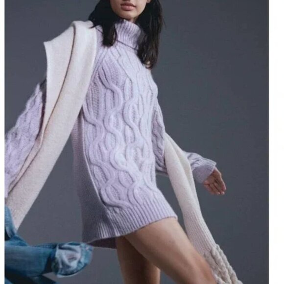 Pilcro Cable Knit Sweater Purple Cold Shoulder Turtleneck Chunky Medium - Picture 2 of 12